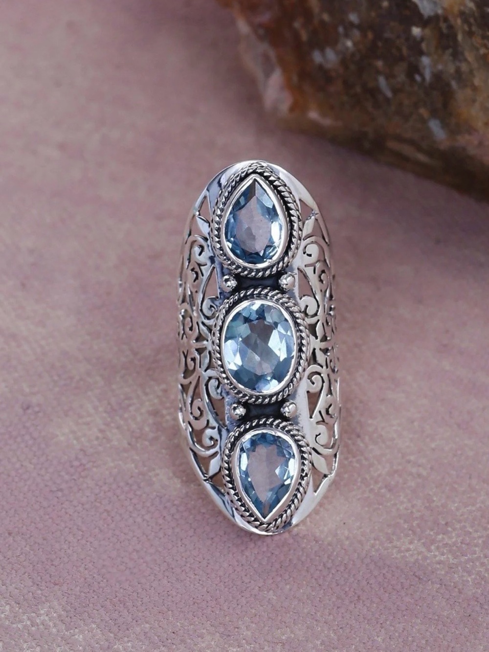 Blue Topaz Solid 925 Sterling Silver Designer
Filigree Ring Jewelry